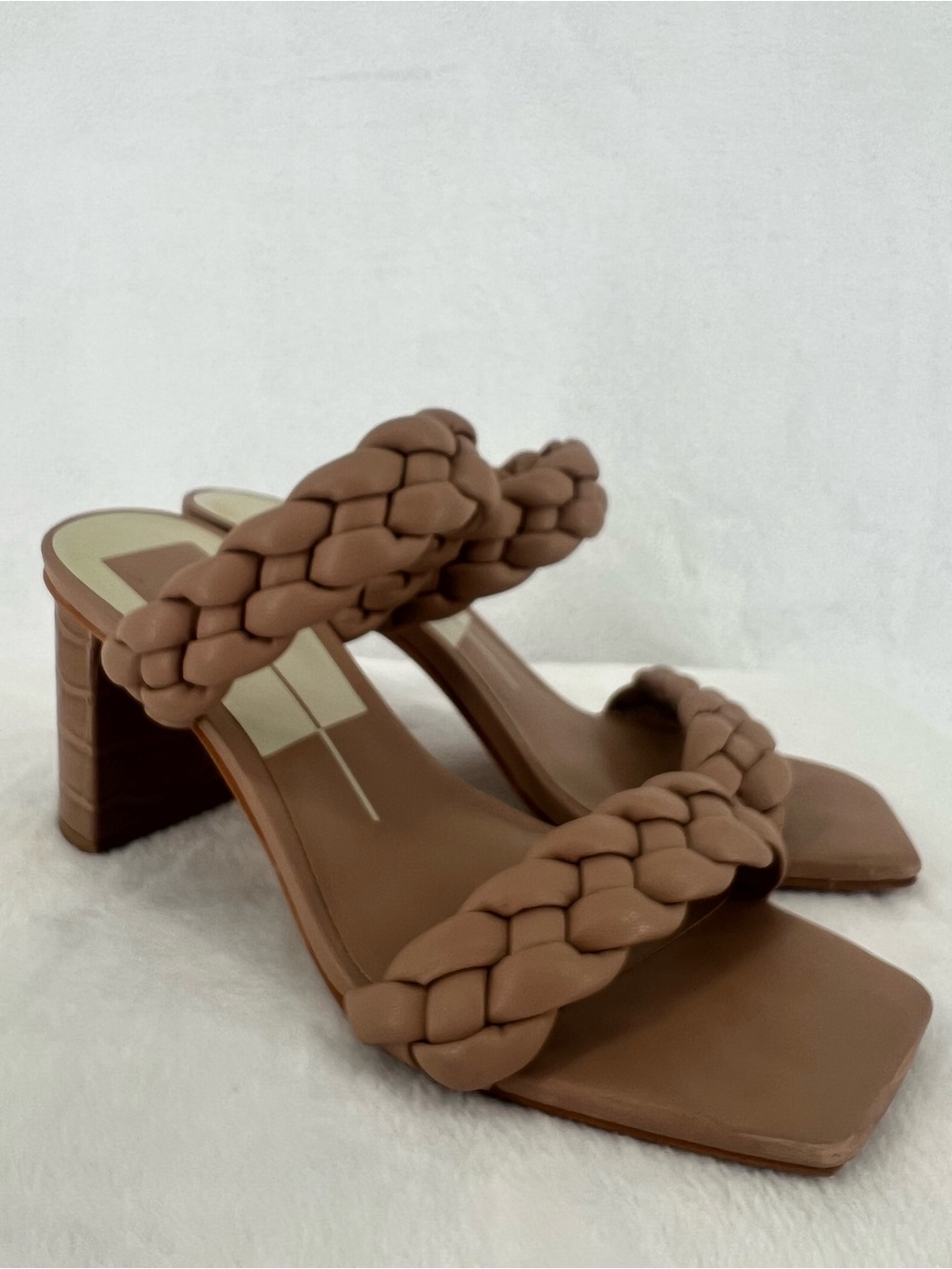 Dolce Vita Paily Sandals Cafe Tan Braided Strap Croc Block Heel Mule 7 Going Out